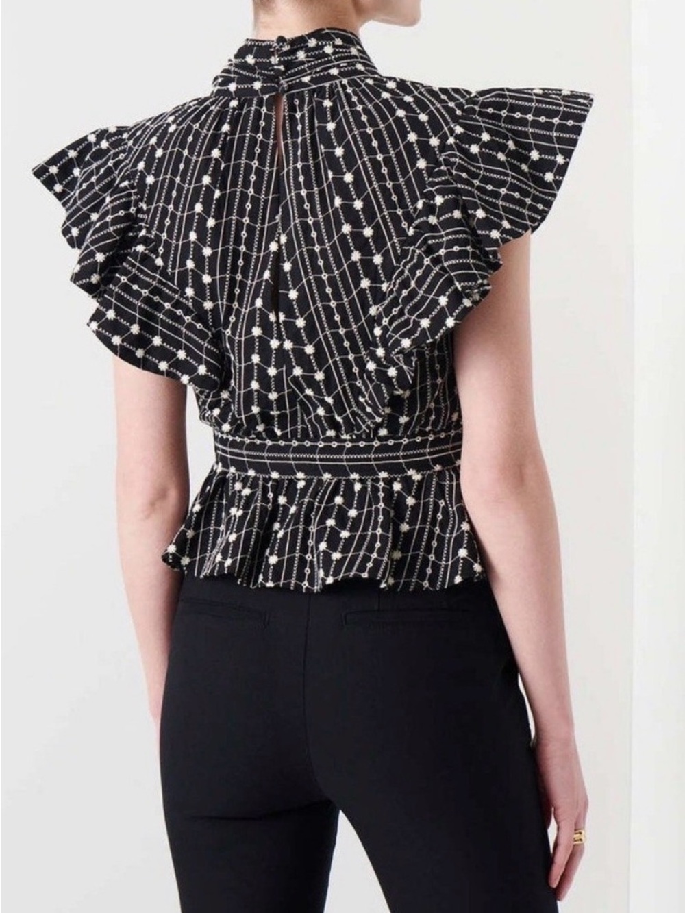 Derek Lam 10 Crosby 100% cotton Black Embroidered Blouse Peplum Sz 0 - Picture 2 of 6